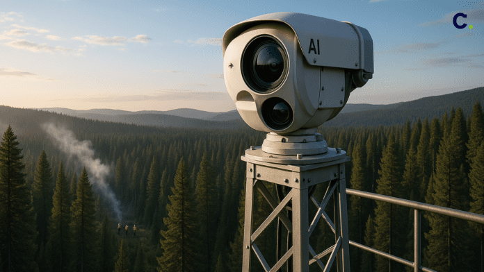 Wildfire AI-powered wildfire detection camera scanning Idaho forests for smoke to alert fire crews early